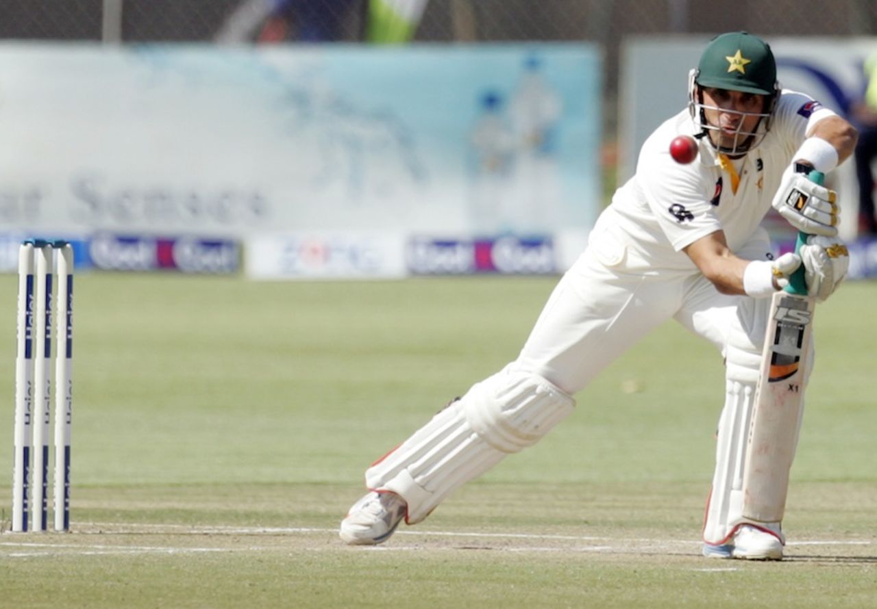 Misbah-ul-Haq defends on the off side, Zimbabwe v Pakistan, 1st Test, 3rd day, Harare, September 5, 2013