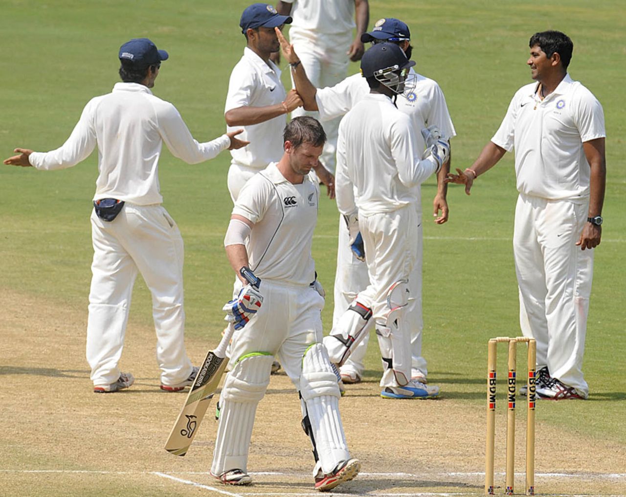 India A celebrate the wicket of Carl Cachopa, India A v New Zealand A, 2nd unofficial Test, 4th day, Visakhapatnam, September 5, 2013
