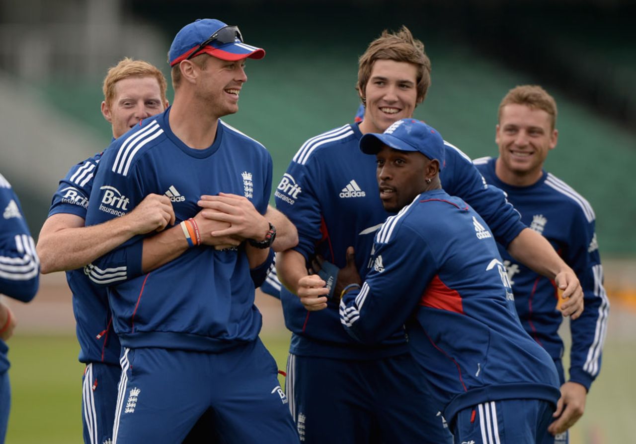 England players share a lighter moment during nets, Headingley, September 5, 2013