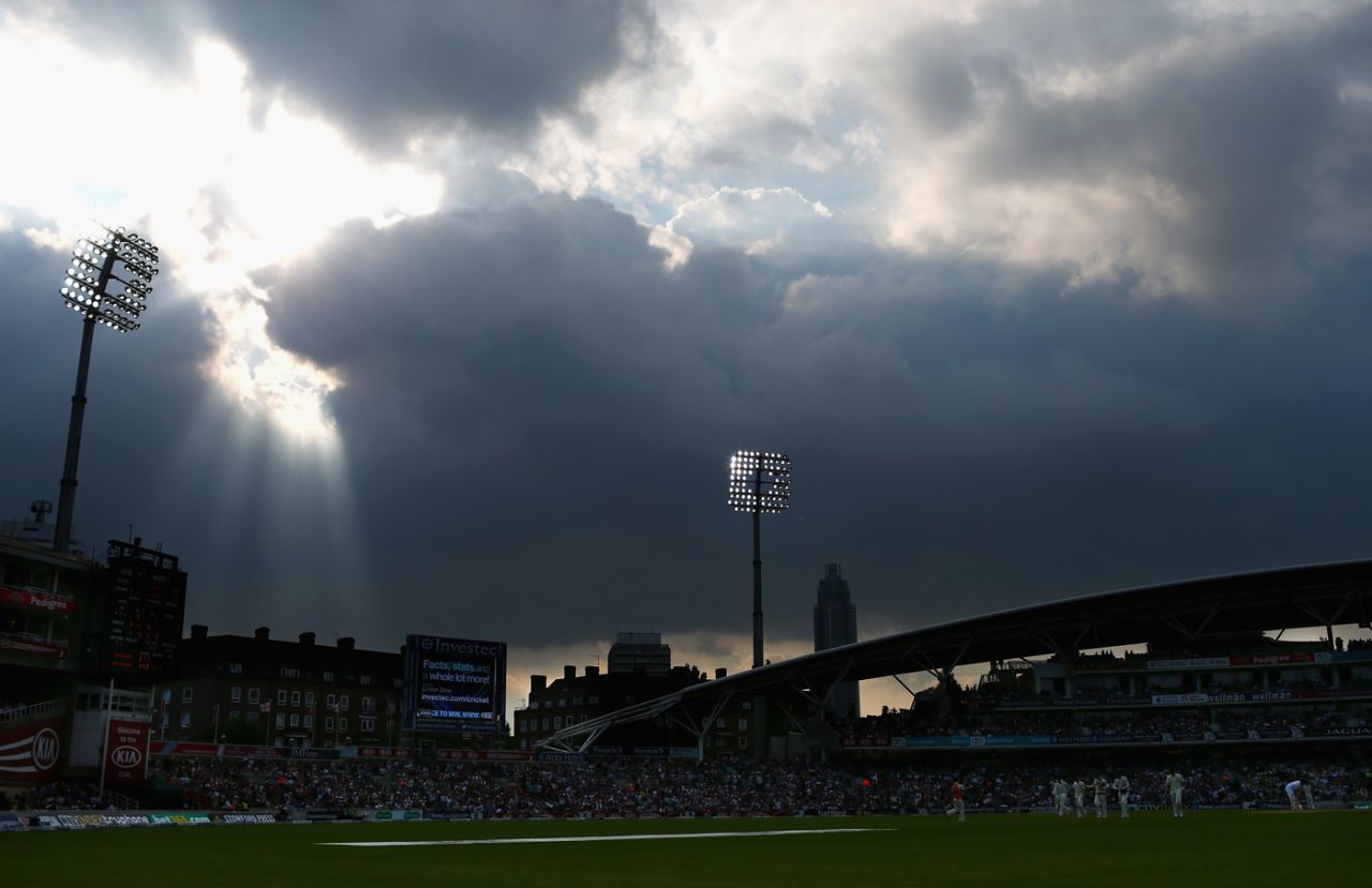 Sunlight filters through dark clouds, England v Australia, 5th Investec Test, The Oval, 5th day, August 25, 2013