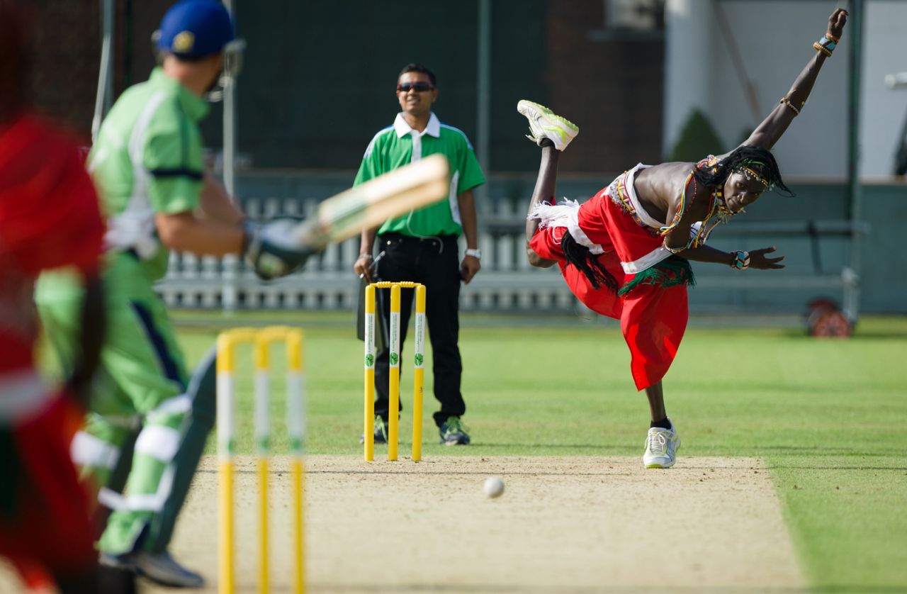 Sonyanga Mike Weblen Ng'ais of the Maasai Warrior team bowls in a friendly match, Lord's Nursery Ground, August 25, 2013