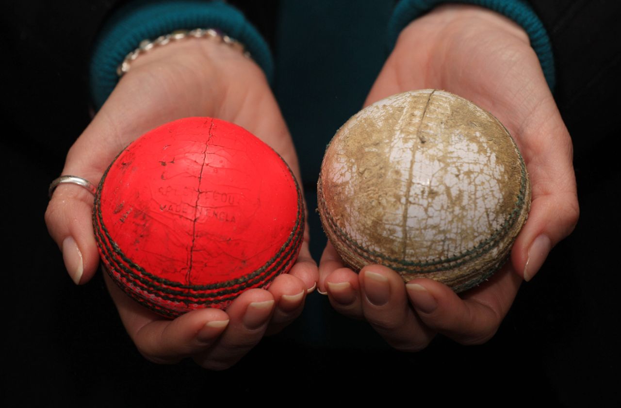 A used trial one-day pink ball and a white one, Lord's, April 24, 2008