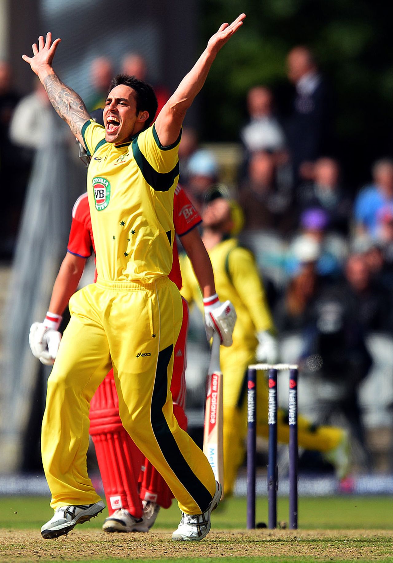 Mitchell Johnson celebrates an early strike, England v Australia, 2nd NatWest ODI, Old Trafford, September 8, 2013