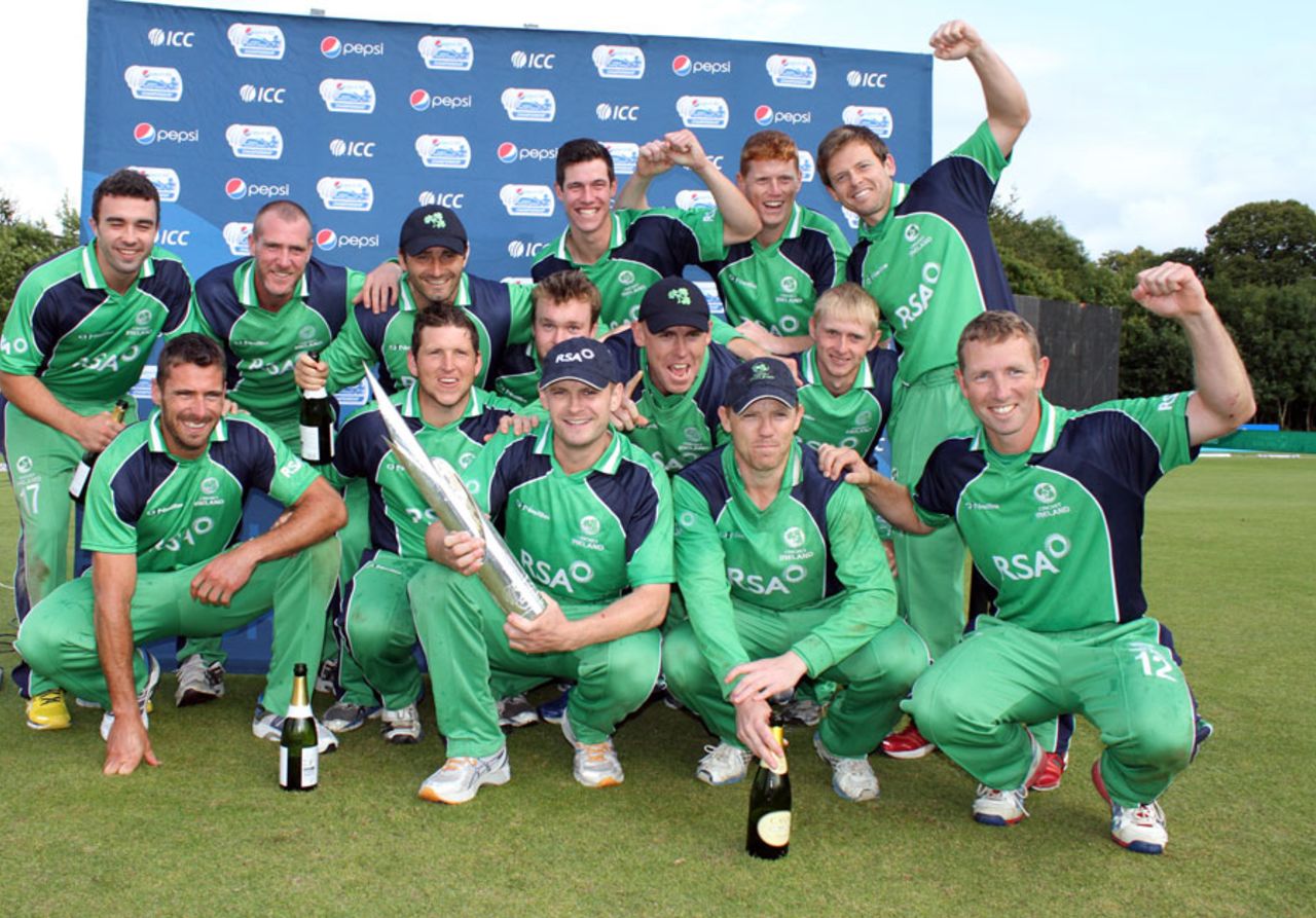 Ireland celebrate with the World Cricket League Championship trophy, Ireland v Scotland, ICC World Cricket League Championship, Belfast, September 8, 2013