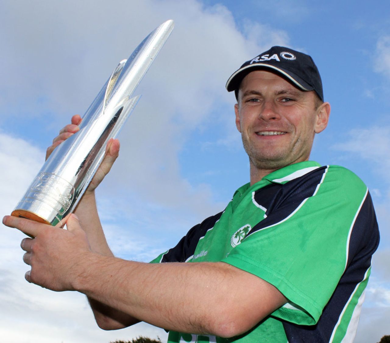 Ireland captain William Porterfield holds up the WCL Championship trophy, Ireland v Scotland, ICC World Cricket League Championship, Belfast, September 8, 2013