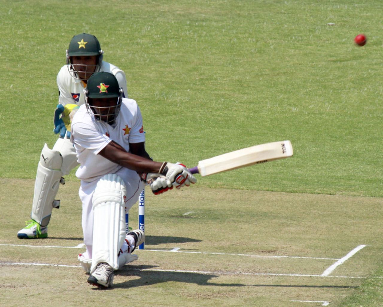 Tendai Chatara sweeps the ball, 2nd Test, Harare, 2nd day, September 11, 2013