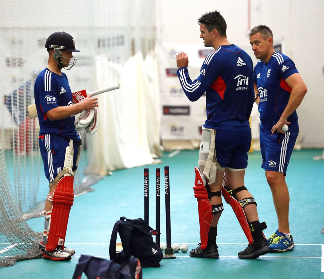 Kevin Pietersen and Eoin Morgan discuss their batting with Ashley Giles, Cardiff, September, 13, 2013