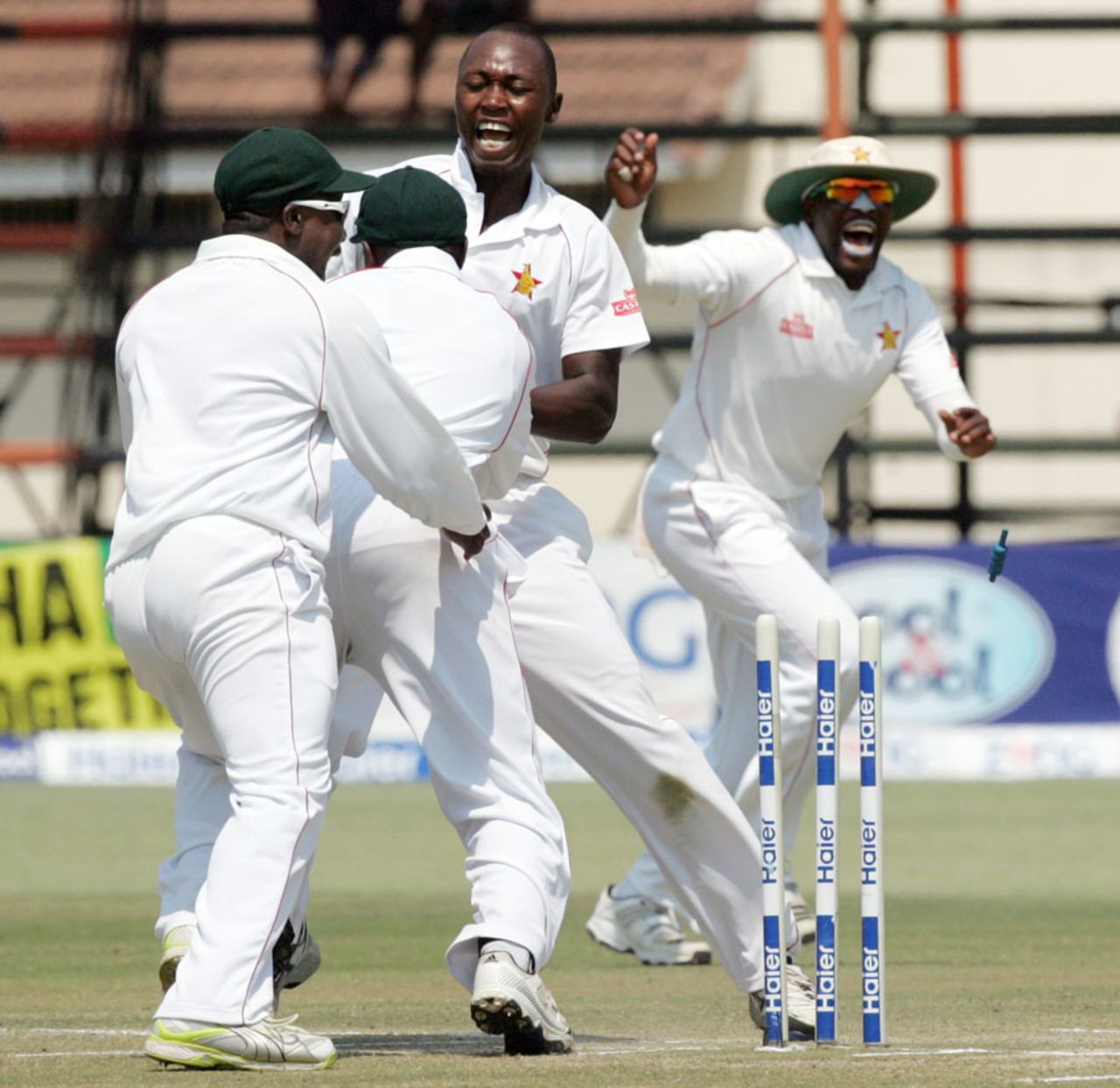 The Zimbabwe players erupt in celebration after defeating Pakistan, Zimbabwe v Pakistan, 2nd Test, Harare, 5th day, September 14, 2013