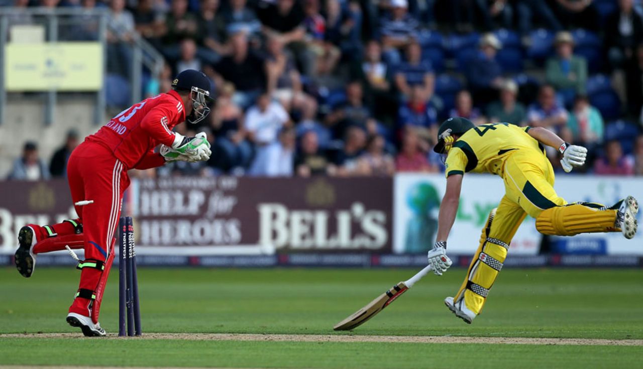 James Faulker was caught short attempting a quick single, England v Australia, 4th NatWest ODI, Cardiff, September, 14, 2013
