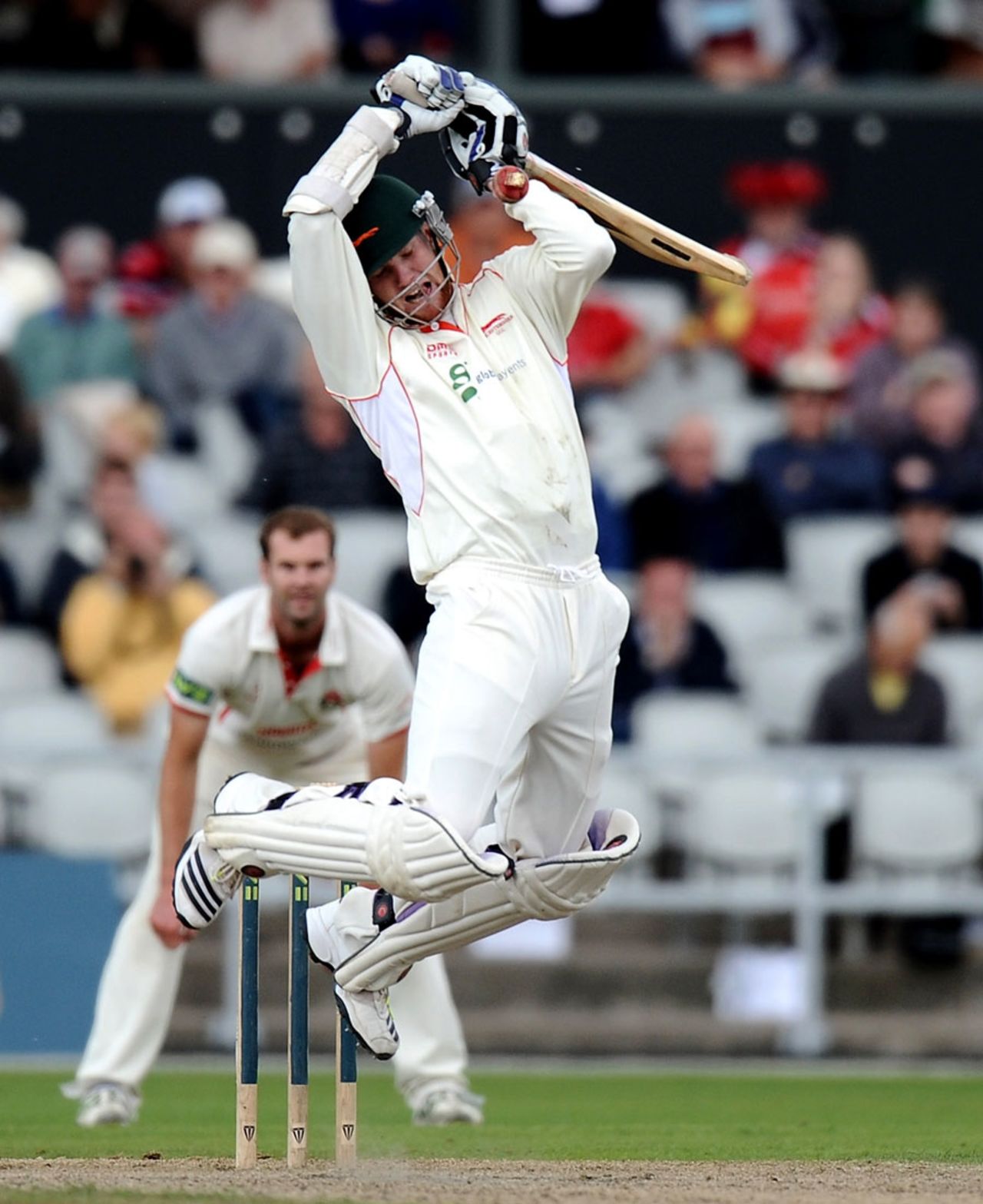 James Sykes attempts to avoid a bouncer, Lancashire v Leicestershire, County Championship, Division Two, Old Trafford, 4th day, September 14, 2013