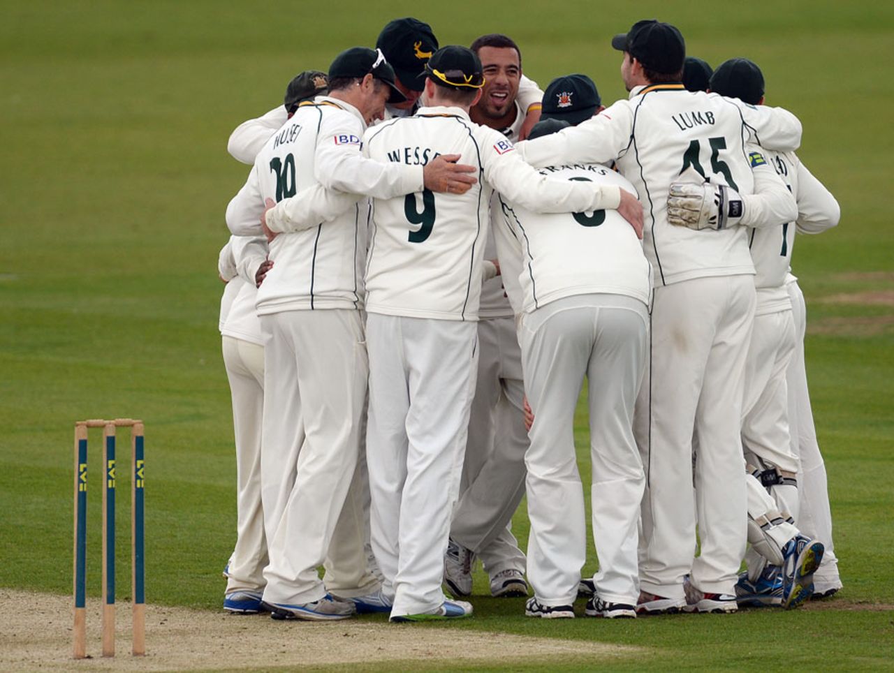 Andre Adams is at the centre of a celebratory huddle, Durham v Nottinghamshire, County Championship, Division One, Chester-le-Street, 1st day, September 17, 2013