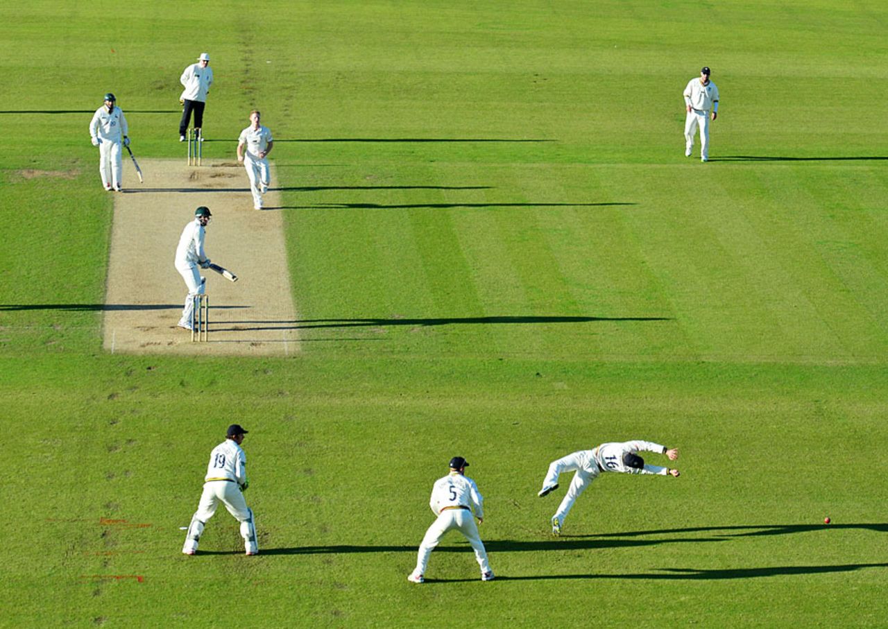 Despite a dive, Scott Borthwick couldn't quite reach the ball at second slip, Durham v Nottinghamshire, County Championship, Division One, Chester-le-Street, September 18, 2013