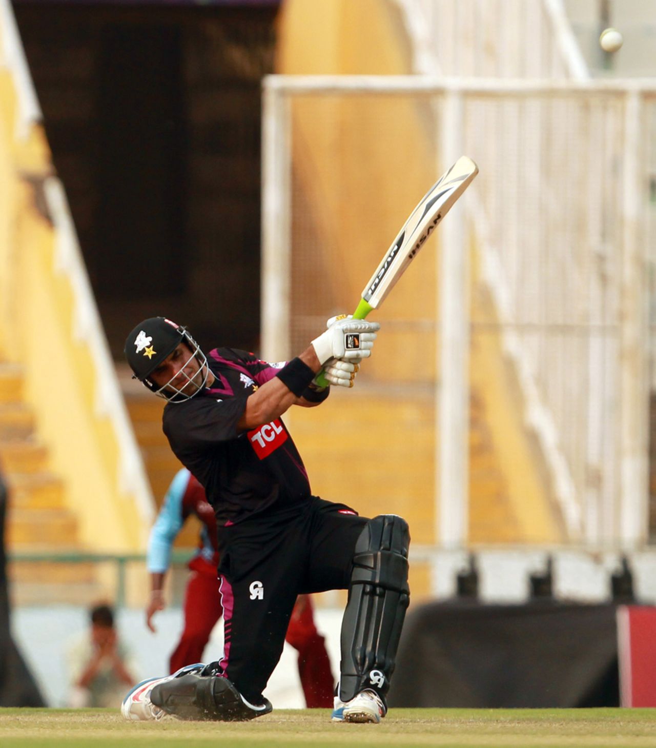 Misbah-ul-Haq lofts a six on his way to a half-century, Faisalabad Wolves v Kandurata Maroons, Champions League Qualifiers, Mohali, September 20, 2013