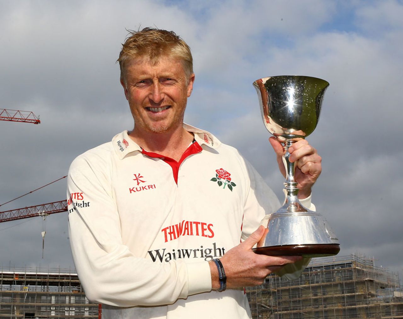 Glen Chapple poses with the Division Two trophy, Gloucestershire v Lancashire, County Championship, Division Two, Bristol, 4th day, September 20, 2013