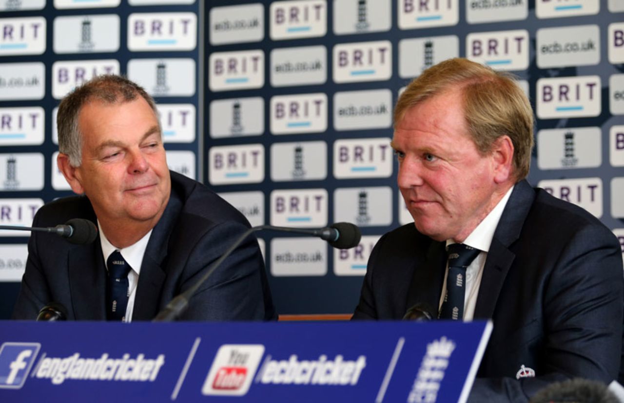 Geoff Miller and Hugh Morris at the announcement of England's Ashes squad, Lord's, London, September 23, 2013
