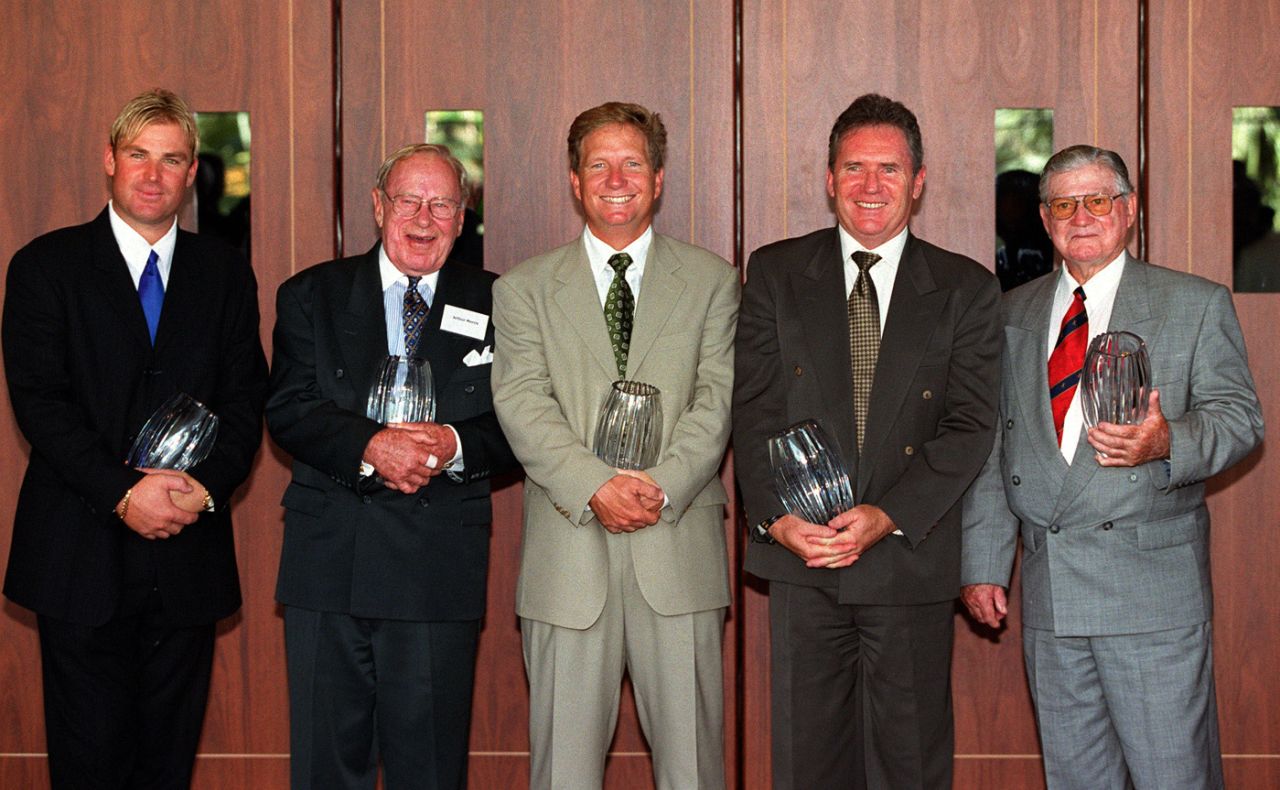 Shane Warne, Arthur Morris, Ian Healy, Allan Border and Neil Harvey were named in Australia's Test team of the century, Sydney, January 18, 2000
