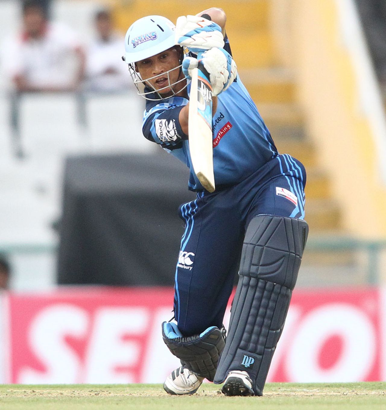 Henry Davids plays off the front foot, Brisbane Heat v Titans, Group B, Champions League 2013, Mohali, September 24, 2013
