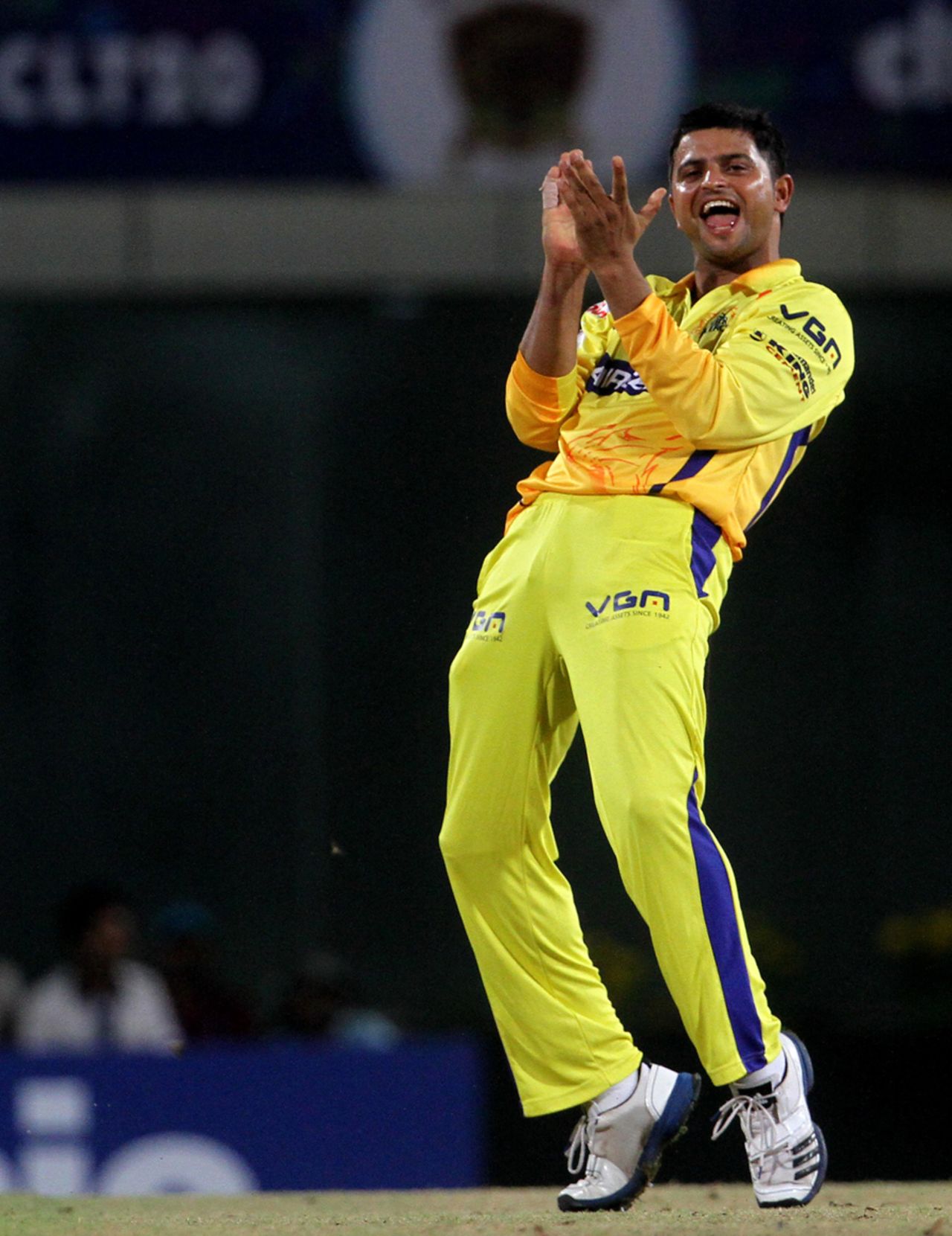 Suresh Raina is ecstatic after bowling JP Duminy for a duck, Chennai Super Kings v Sunrisers Hyderabad, Group B, Champions League 2013, Ranchi, September 26, 2013