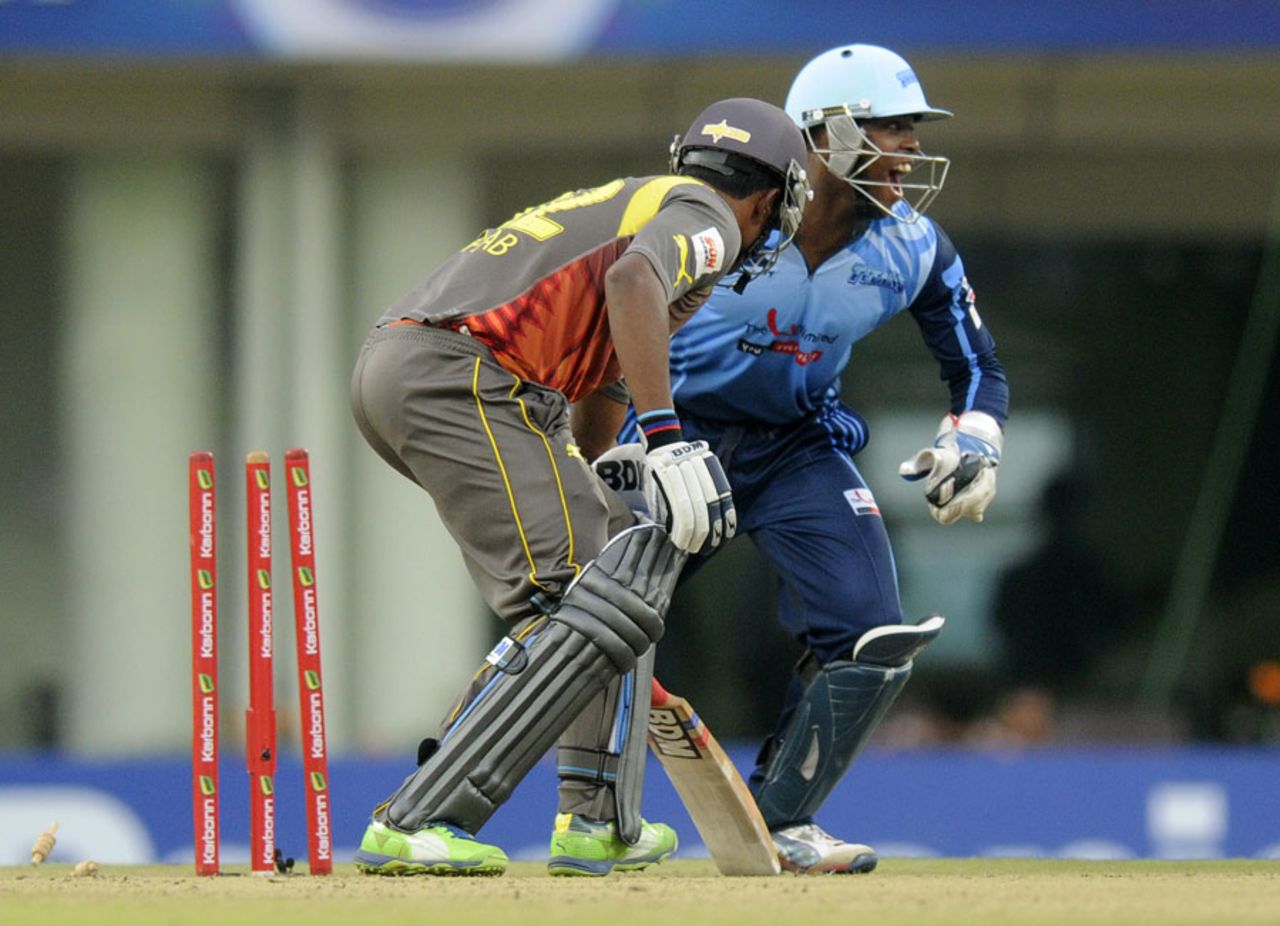 Titans' wicketkeeper Mangaliso Mosehle appeals after stumping Biplab Samantray, Titans v Sunrisers Hyderabad, Champions League 2013, Group B, Ranchi, September 28, 2013