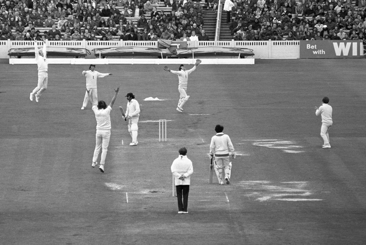 Brijesh Patel is caught behind for 5 off Bob Willis in his debut innings, England v India, 1st Test, Old Trafford, 3rd day, June 8, 1974