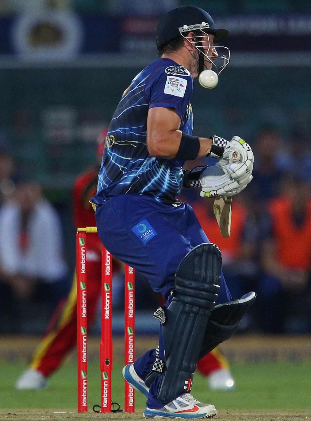 Hamish Rutherford was a hit by a bouncer from Hardus Viljoen, Lions v Otago Volts, Group A, Champions League 2013, Jaipur, September 29, 2013