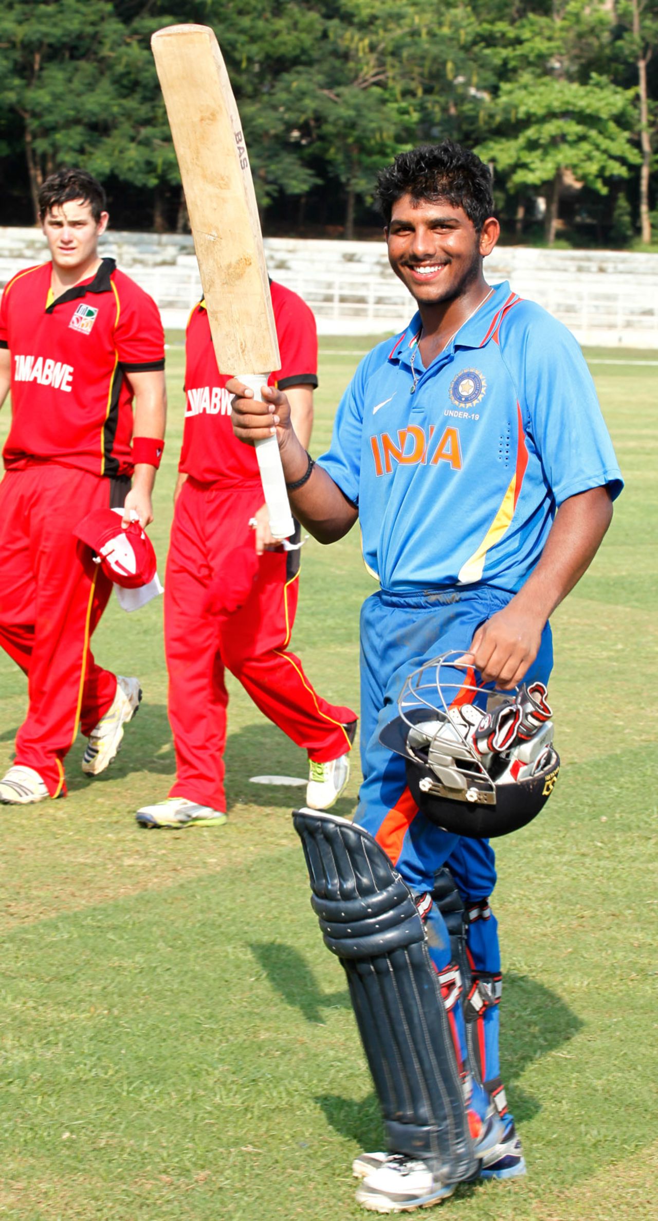 Akhil Herwadkar shows his pleasure after an unbeaten 88, India U-19s v Zimbabwe U-19s, Visakhapatnam, September 29, 2013