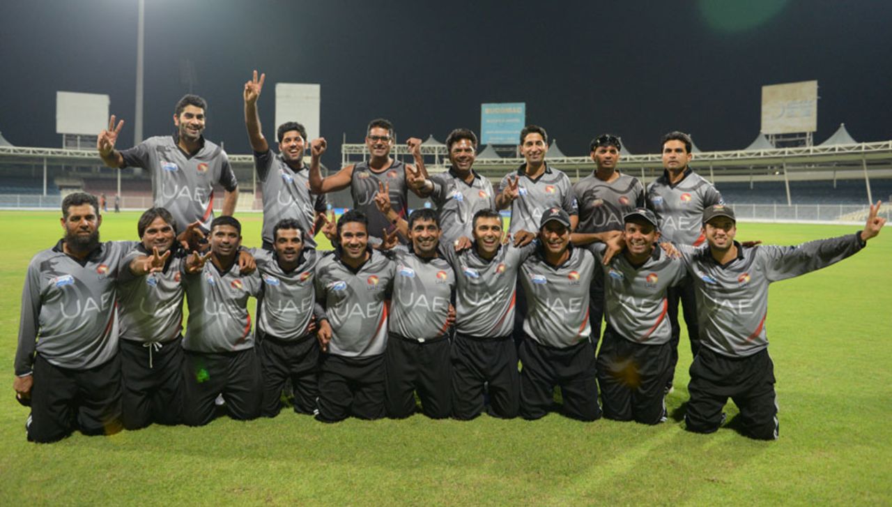 The UAE team celebrate their win over Namibia, United Arab Emirates v Namibia, WCL Championship, Sharjah, September 29, 2013