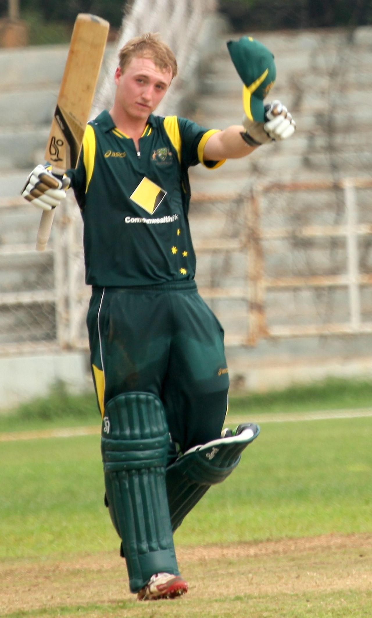 Jaron Morgan celebrates his 90-ball 100, Australia Under-19s v Zimbabwe Under-19s, Visakhapatnam, October 1, 2013 