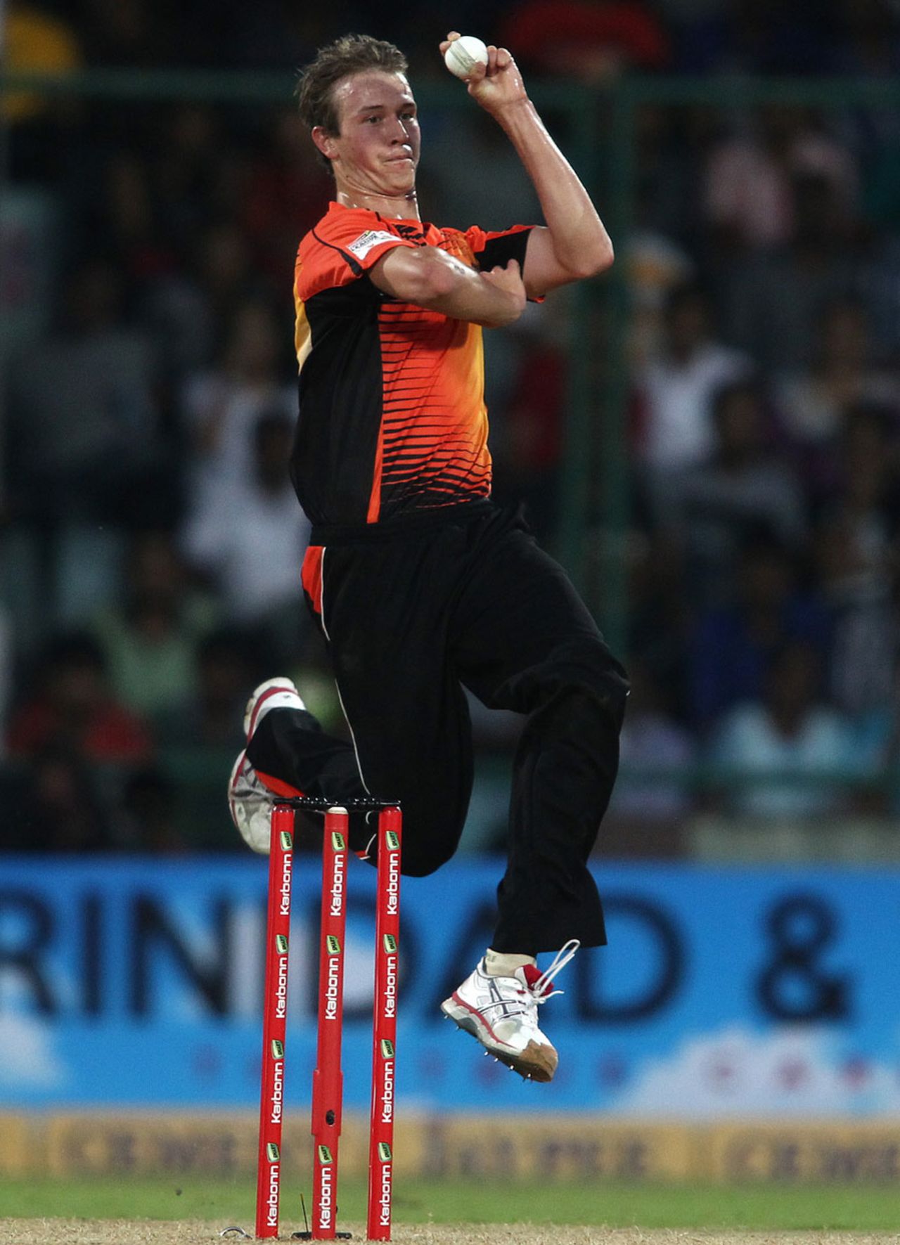 Joel Paris in his delivery stride, Mumbai Indians v Perth Scorchers, Champions League 2013, Group A, Delhi, October 2, 2013 