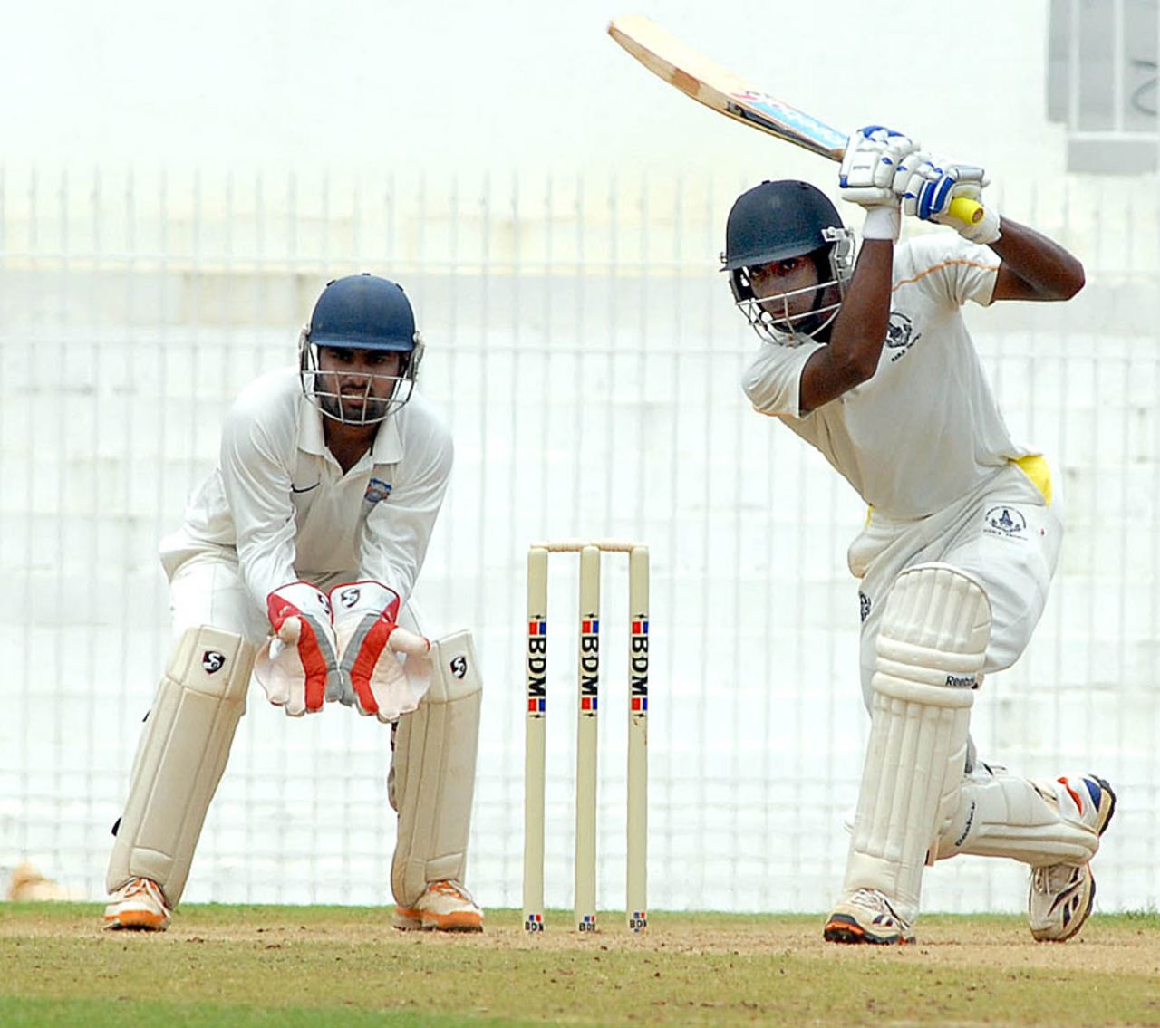 B Aparajith drives during his unbeaten 93 on the opening day, South Zone v West Zone, Duleep Trophy quarter-final, Chennai, 1st day, October 3, 2013