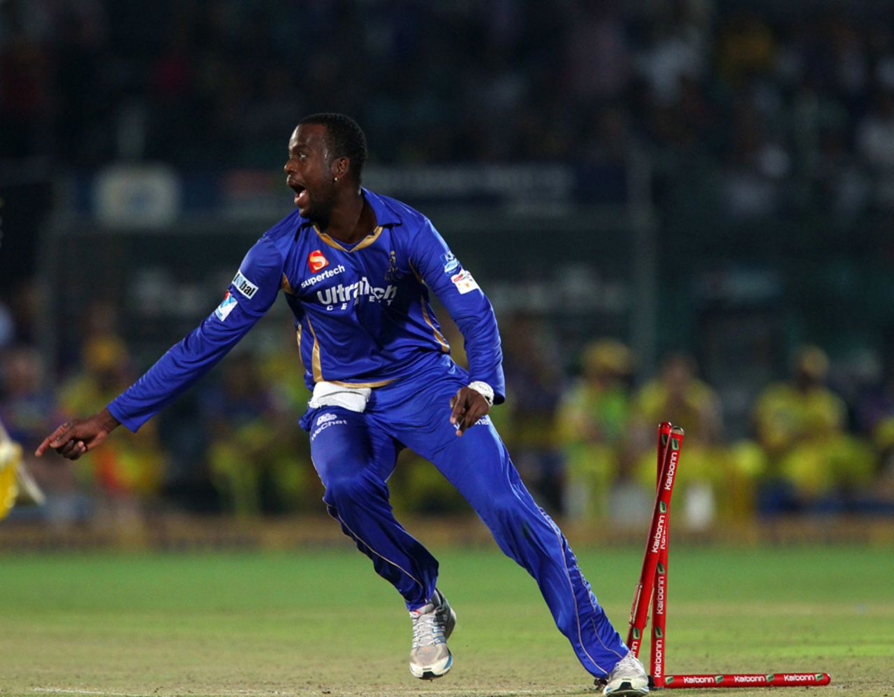 Kevon Cooper is ecstatic after Michael Hussey is run out, Rajasthan Royals v Chennai Super Kings, 1st semi-final, Champions League 2013, Jaipur, October 4, 2013