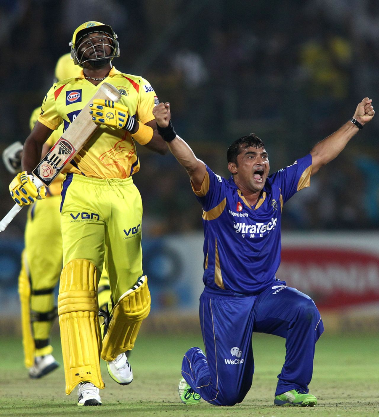 Pravin Tambe appeals successfully to have Dwayne Bravo lbw, Rajasthan Royals v Chennai Super Kings, 1st semi-final, Champions League 2013, Jaipur, October 4, 2013