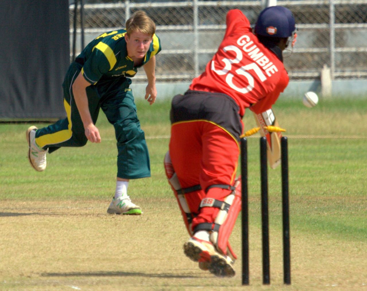 Joylord Gumbie is bowled by Guy Walker, Australia Under-19s v Zimbabwe Under-19s, 3rd place play-off, Visakhapatnam, October 5, 2013 