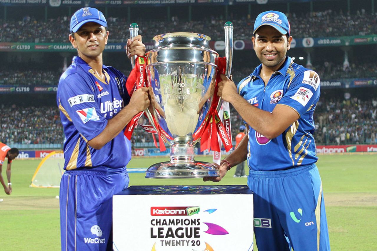 Rahul Dravid and Rohit Sharma pose with the trophy, Mumbai Indians v Rajasthan Royals, Final, Champions League 2013, Delhi, October 6, 2013