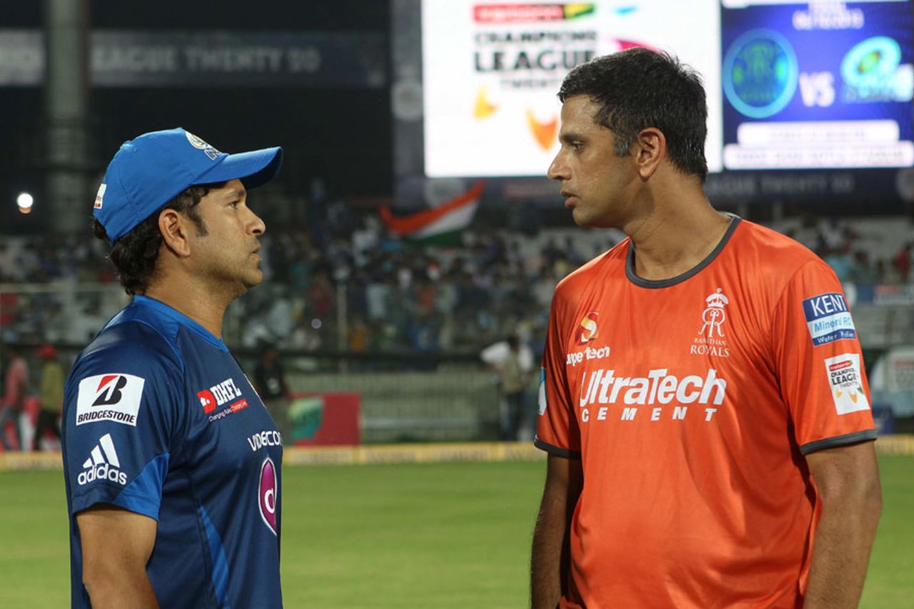 Sachin Tendulkar and Rahul Dravid were interviewed before the game, Mumbai Indians v Rajasthan Royals, Final, Champions League 2013, Delhi, October 6, 2013