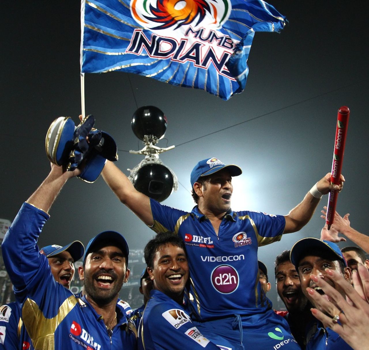 Sachin Tendulkar is lifted by his teammates after Mumbai Indians' win, Mumbai Indians v Rajasthan Royals, Final, Champions League 2013, Delhi, October 6, 2013