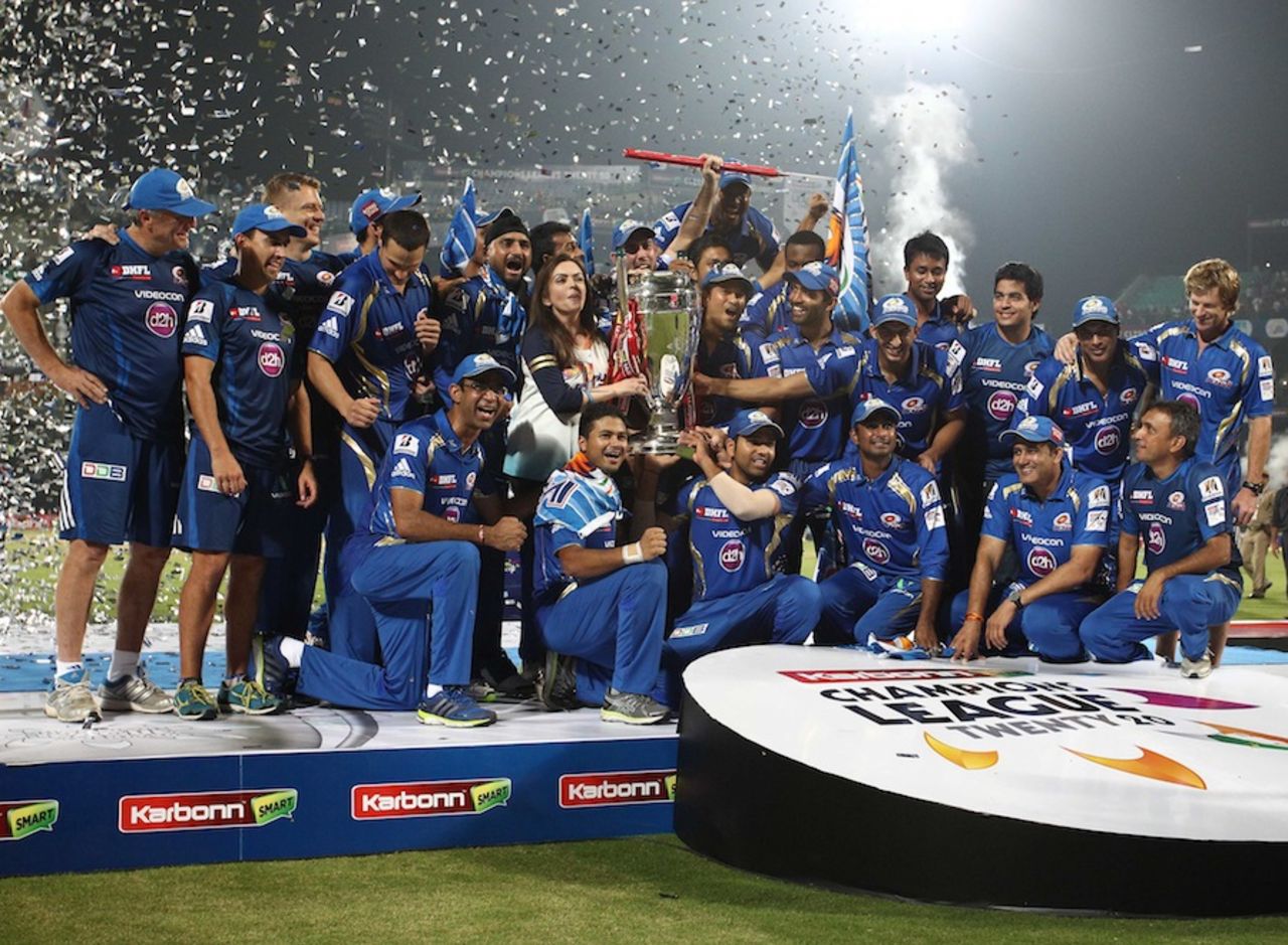 Mumbai Indians pose with the Champions League trophy, Mumbai Indians v Rajasthan Royals, Final, Champions League 2013, Delhi, October 6, 2013