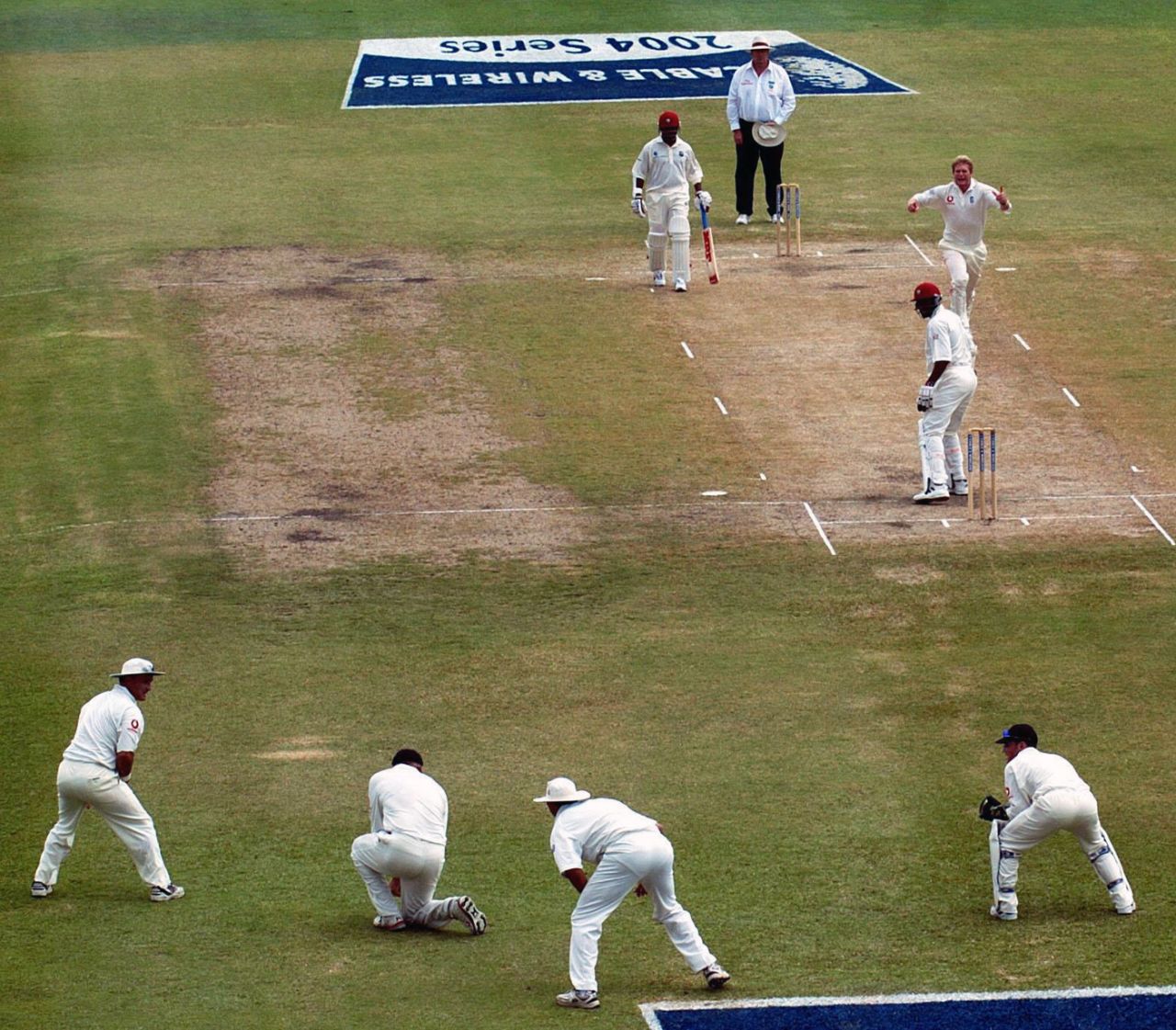 Andrew Flintoff's catch of Ryan Hinds gave Matthew Hoggard his hat-trick wicket, West Indies v England, 3rd Test, Barbados, 3rd day, April 3, 2004