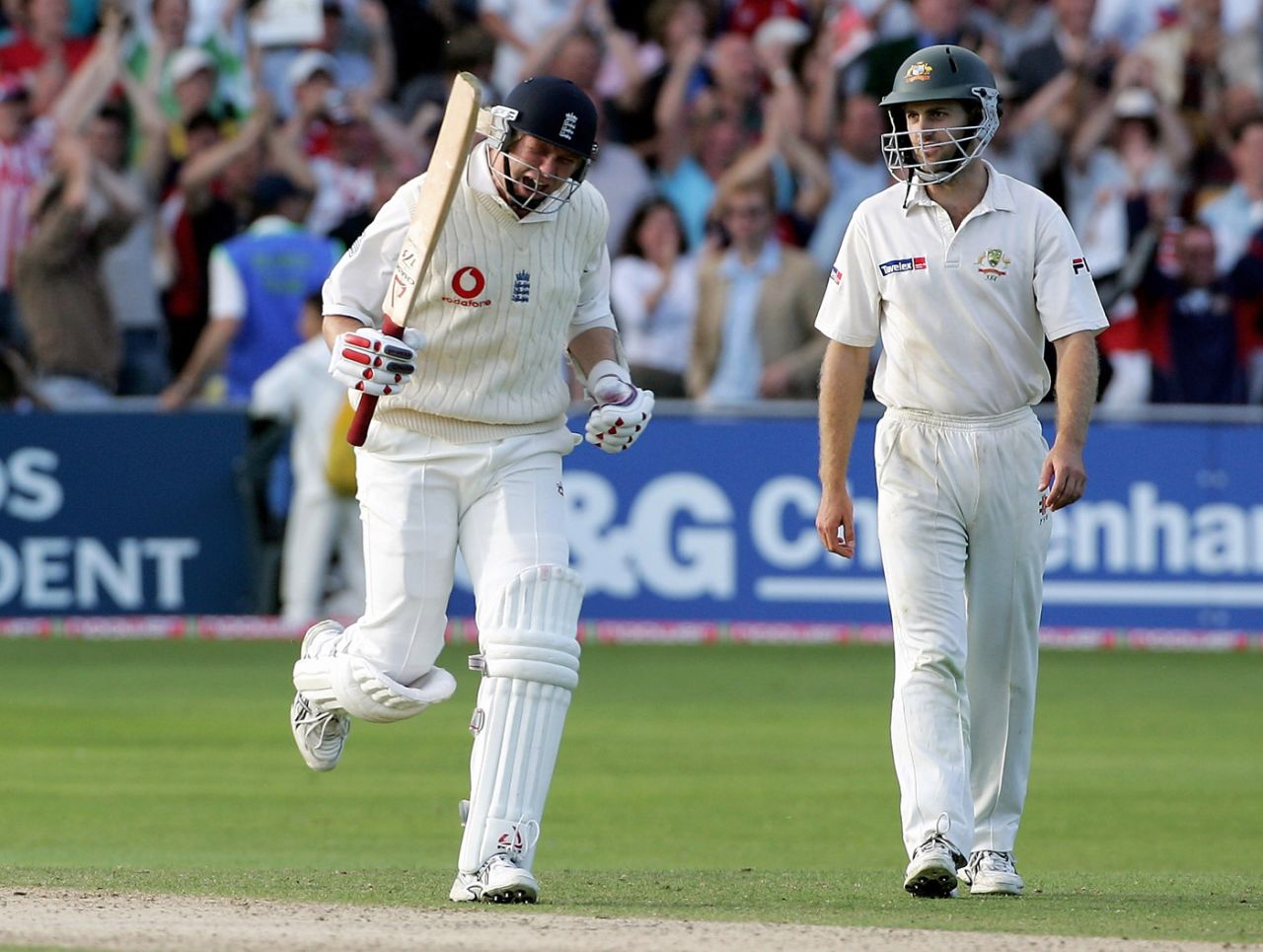 Matthew Hoggard celebrates England's three-wicket win, England v Australia, 4th Test, Trent Bridge, 4th day, August 28, 2005