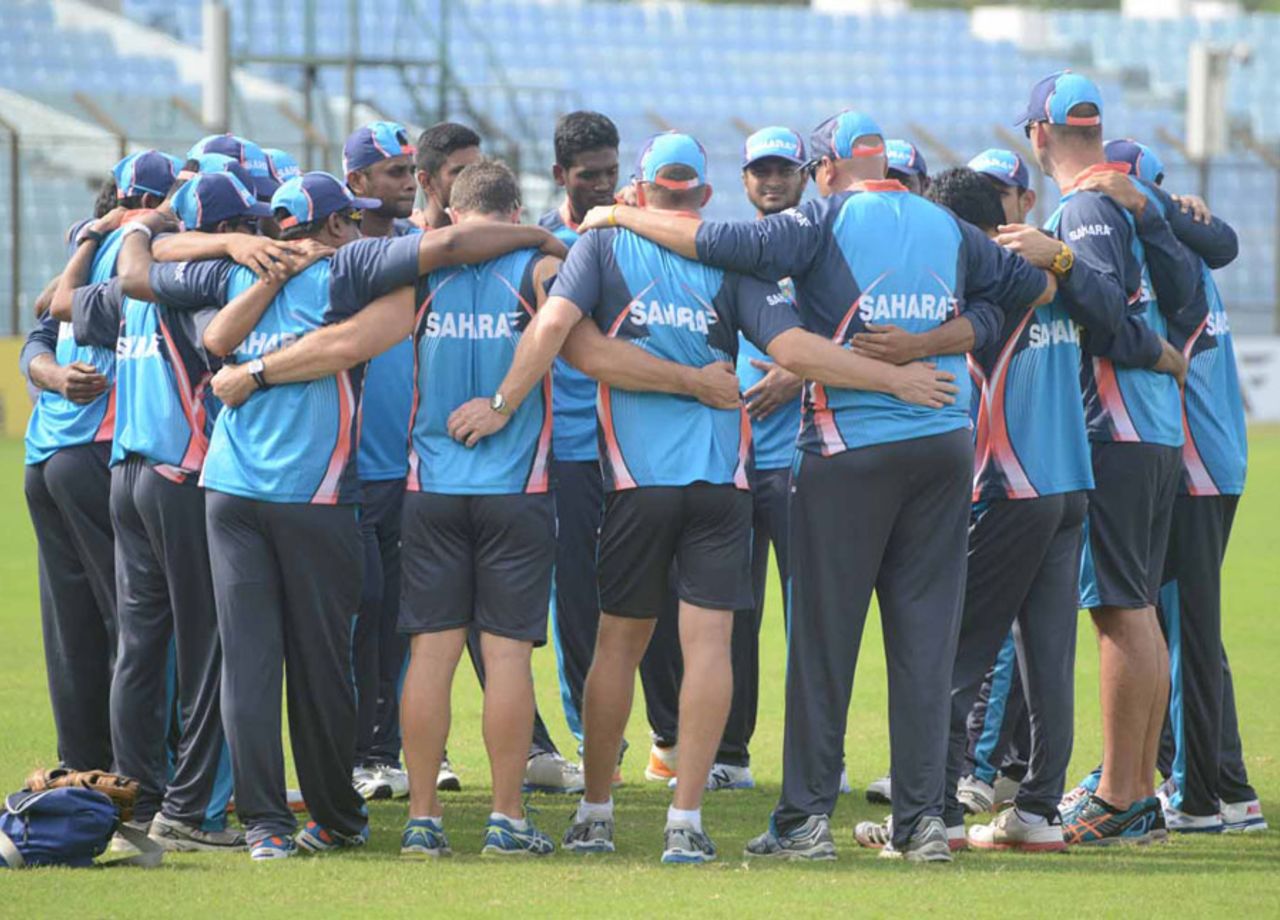 The Bangladesh team in a huddle during a training session, Chittagong, October 8, 2013