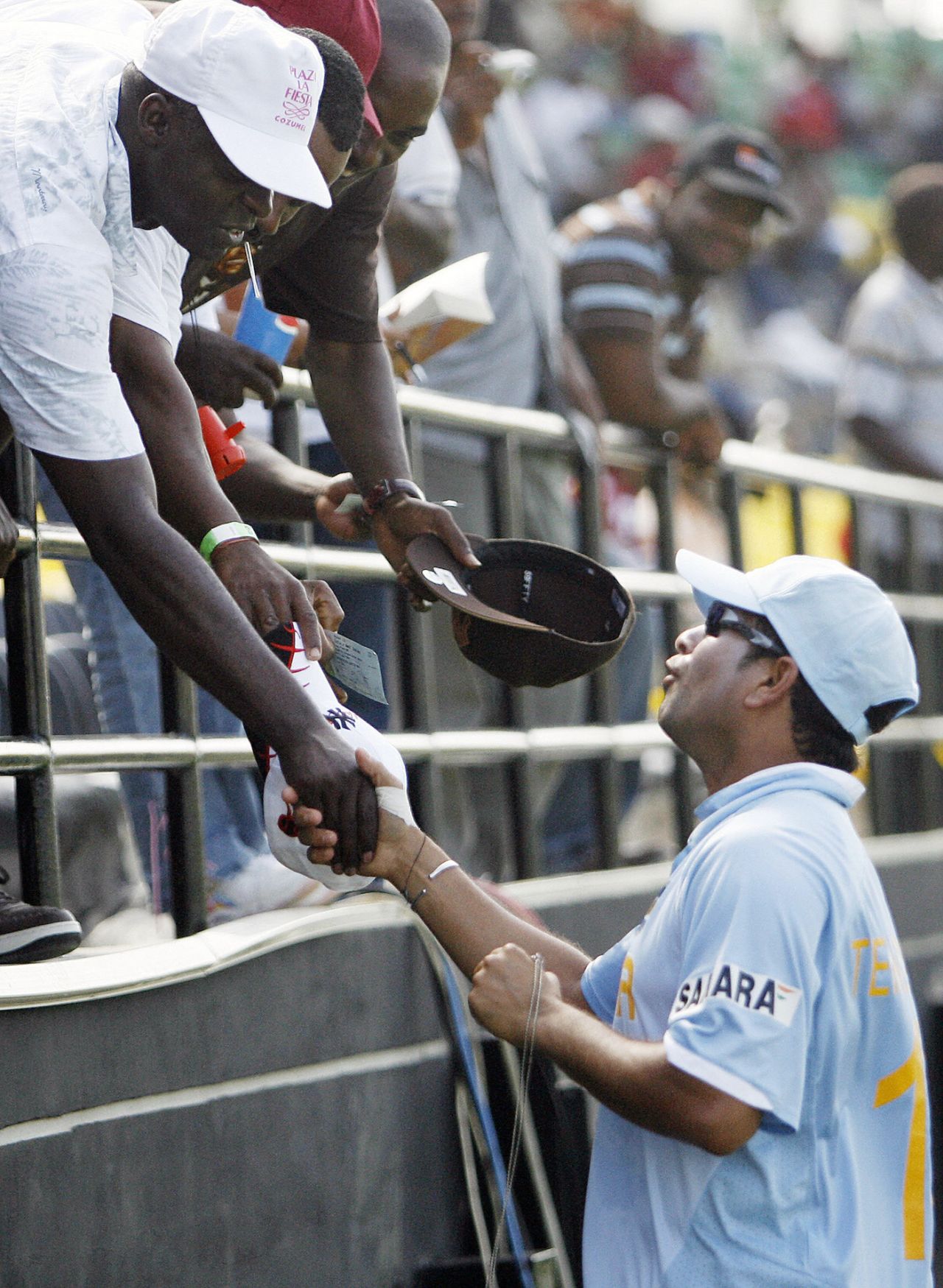 Jamaican fans shake hands with Sachin Tendulkar, West Indies v India, World Cup warm-up match, Trelawny Stadium, Jamaica, March 9, 2007