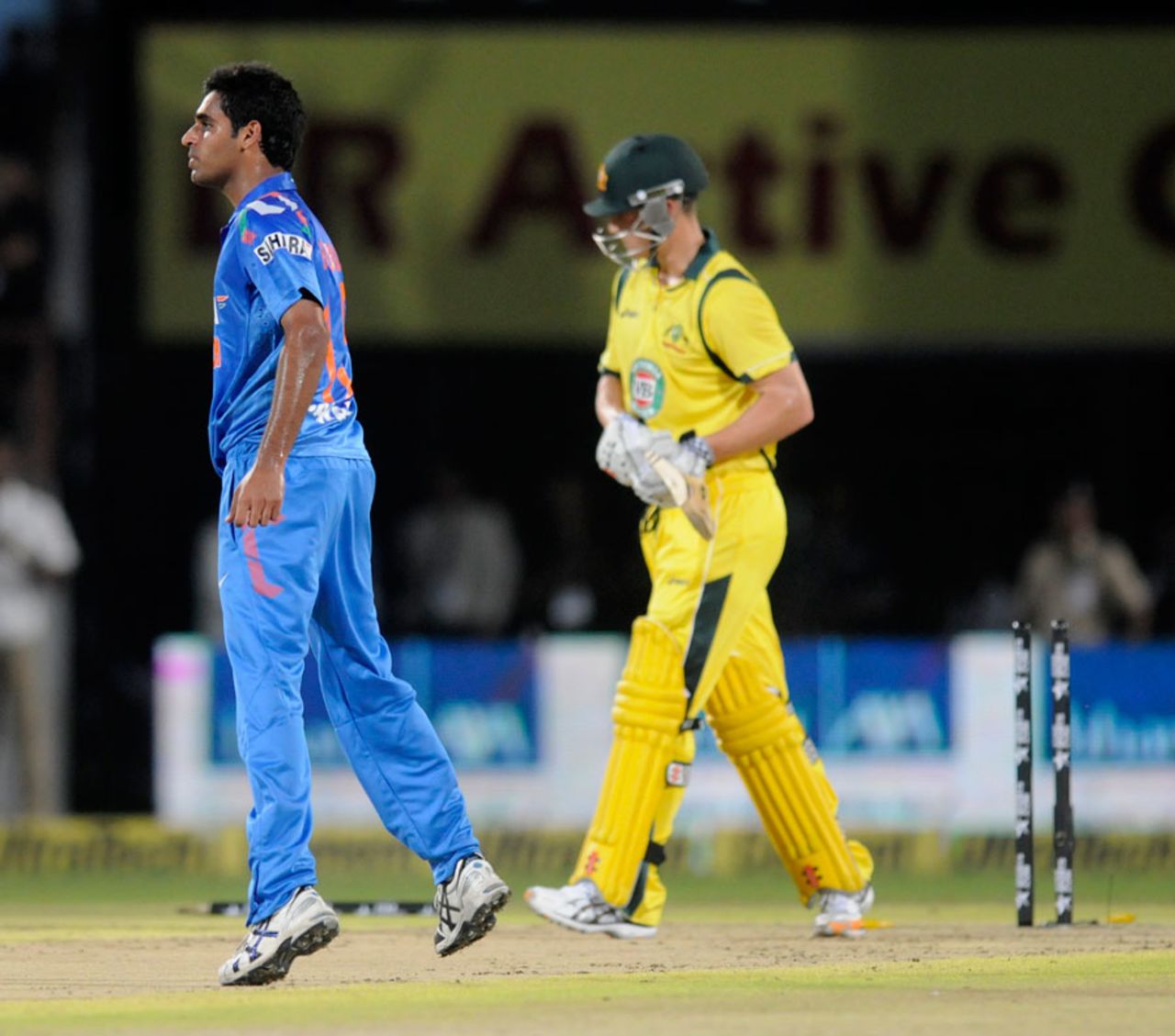 Bhuvneshwar Kumar straight-faced after removing Nic Maddinson, India v Australia, one-off T20, Rajkot, October 10, 2013