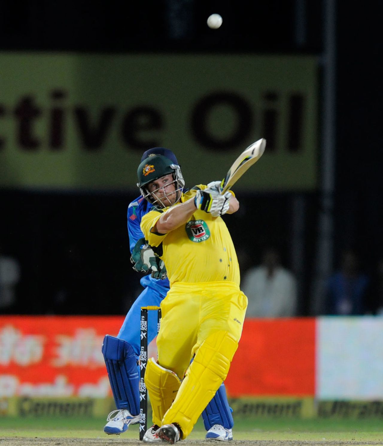 Aaron Finch clubs one over the leg side boundary, India v Australia, one-off T20, Rajkot, October 10, 2013