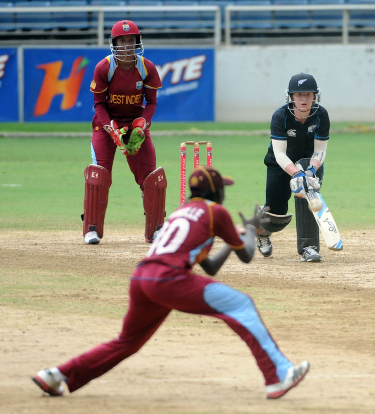 Shemaine Campbelle is poised to take a catch off Katie Perkins, West Indies v New Zealand, 3rd Women's ODI, Kingston, October 10, 2013