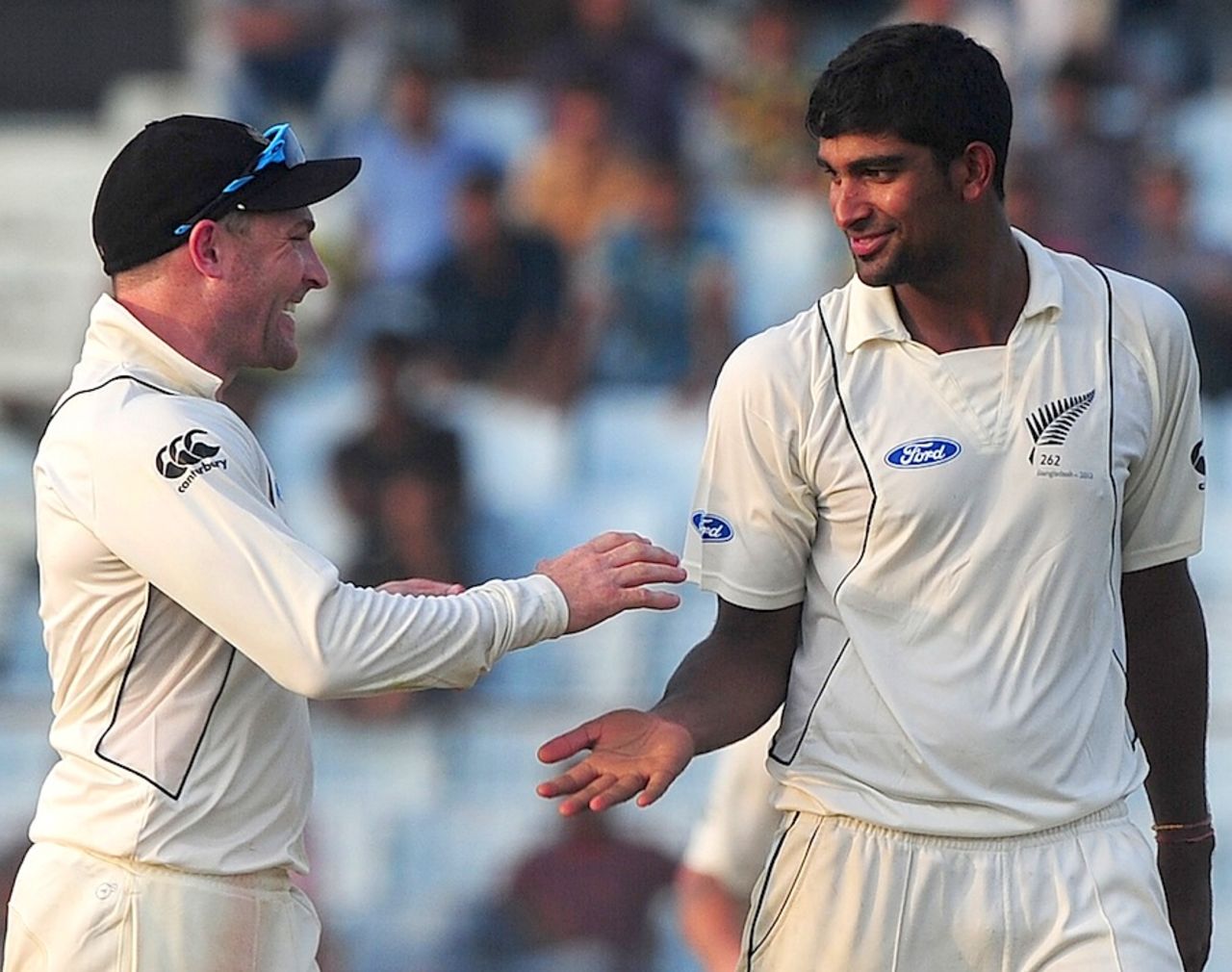 Ish Sodhi is congratulated after picking up Nasir Hossain's wicket, Bangladesh v New Zealand, 1st Test, Chittagong, 3rd day, October 11, 2013