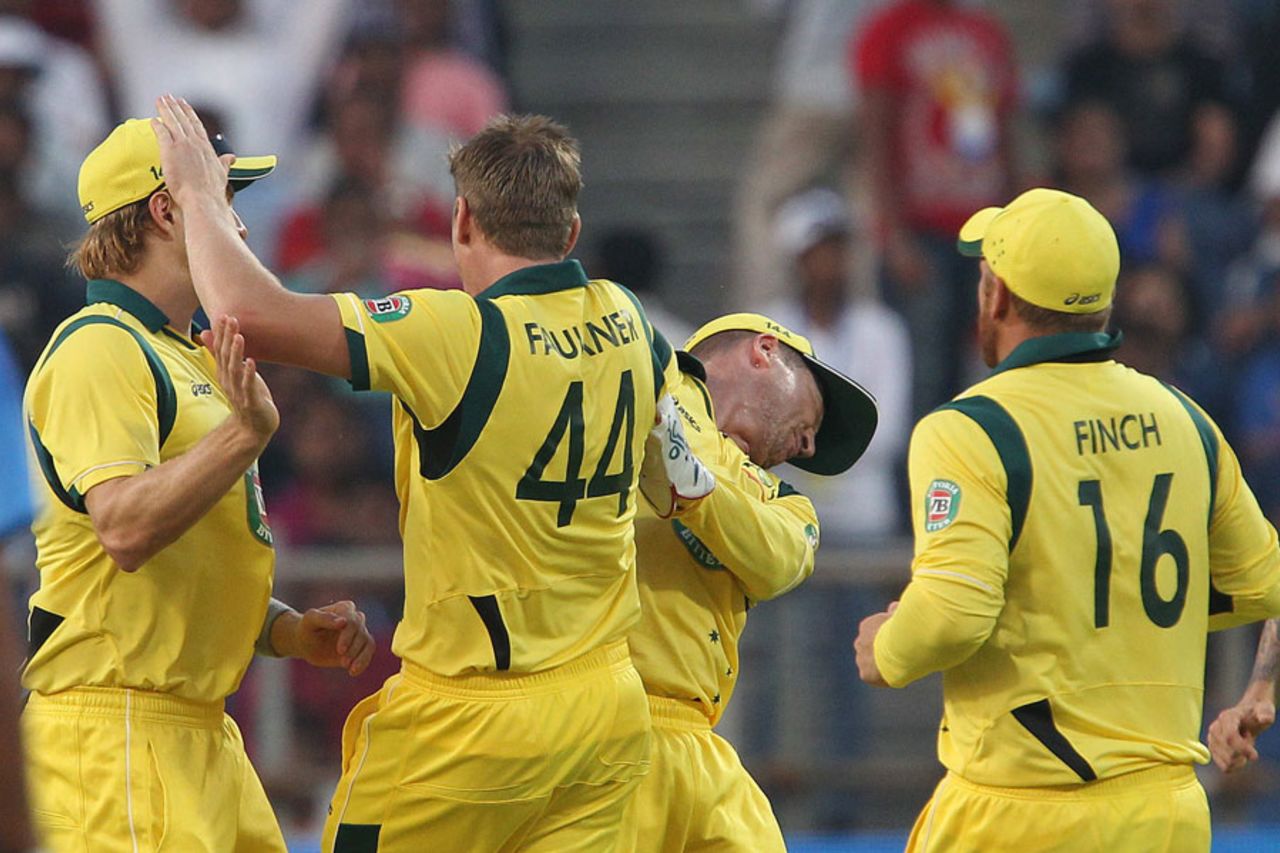 James Faulkner poked Brad Haddin's eye while celebrating a wicket, India v Australia, 1st ODI, Pune, October 13, 2013
