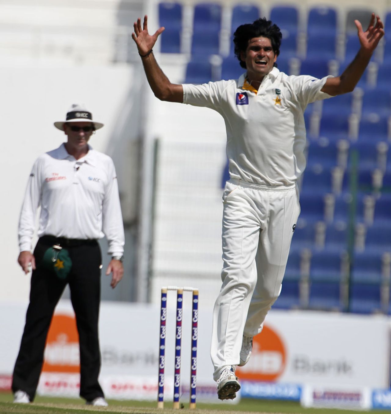 Mohammad Irfan ecstatic after a wicket falls, Pakistan v South Africa, 1st Test, Abu Dhabi, 1st day, October 14, 2013