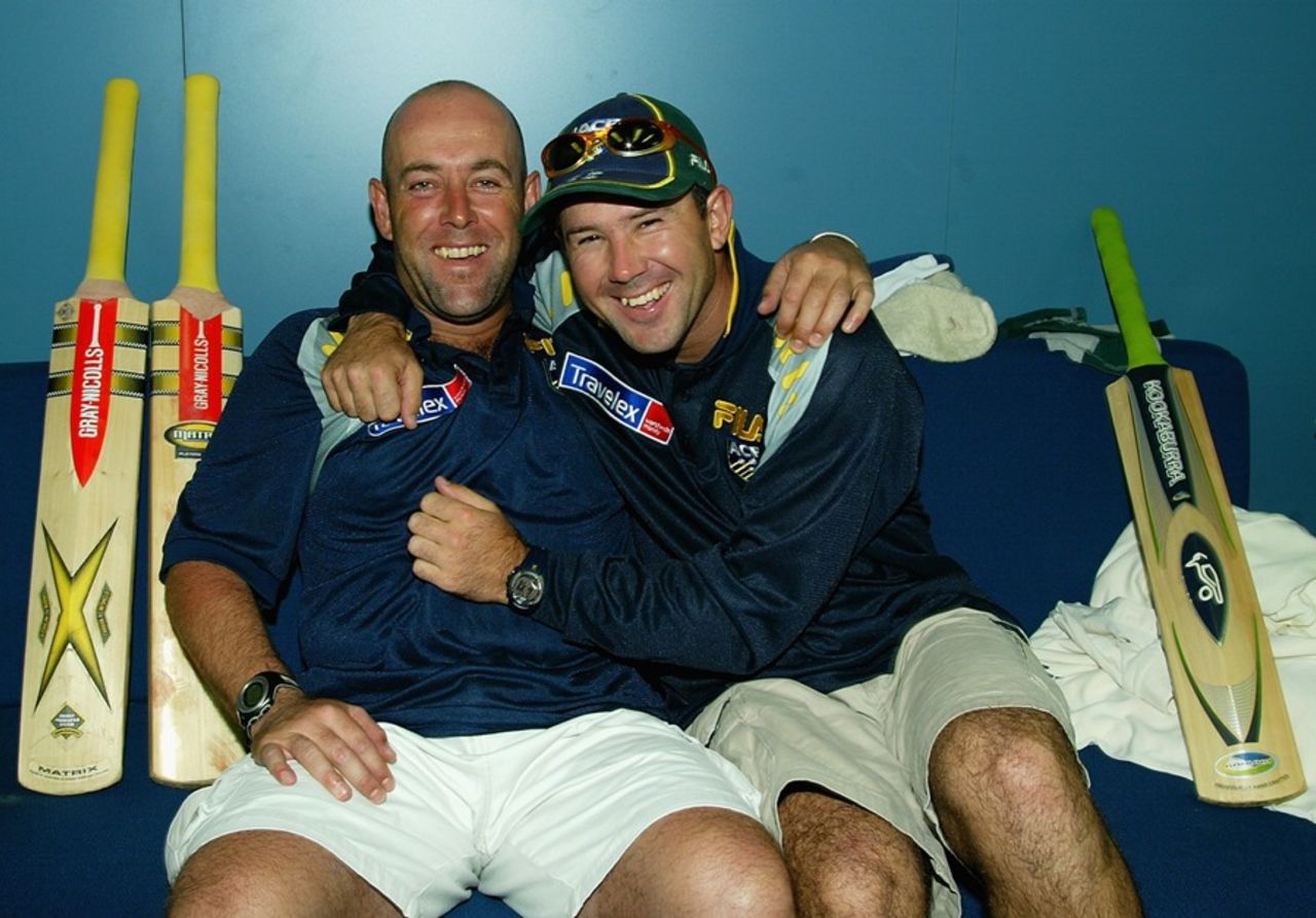 PORT OF SPAIN, TRINIDAD - APRIL 19: Ricky Ponting and Darren Lehmann of Australia celebrate their record third wicket partnership for Australia against any nation in the rooms after day one of the Second Test between the West Indies and Australia on April 19, 2003 at Queens Park Oval in Port of Spain, Trinidad.