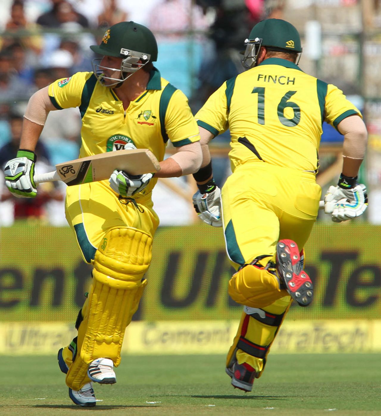 Philip Hughes and Aaron Finch run a single during their partnership, India v Australia, 2nd ODI, Jaipur, October 16, 2013