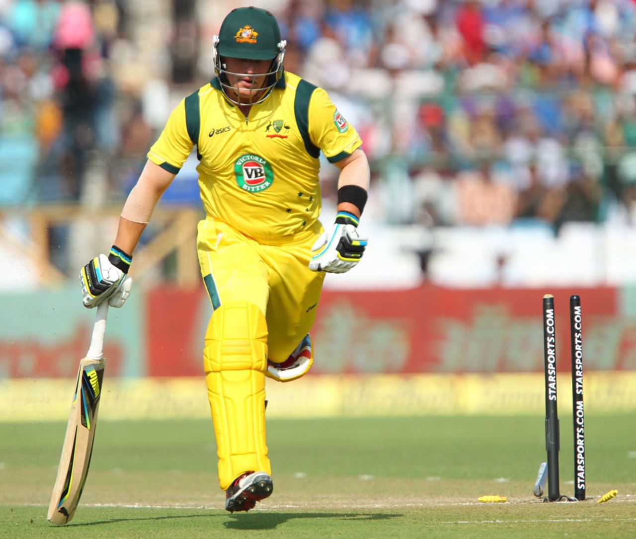 Aaron Finch after being run out by Suresh Raina, India v Australia, 2nd ODI, Jaipur, October 16, 2013